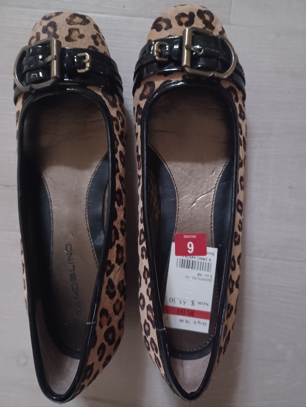Bandolino Leopard Print Ballet Flats with Black Patent Buckle